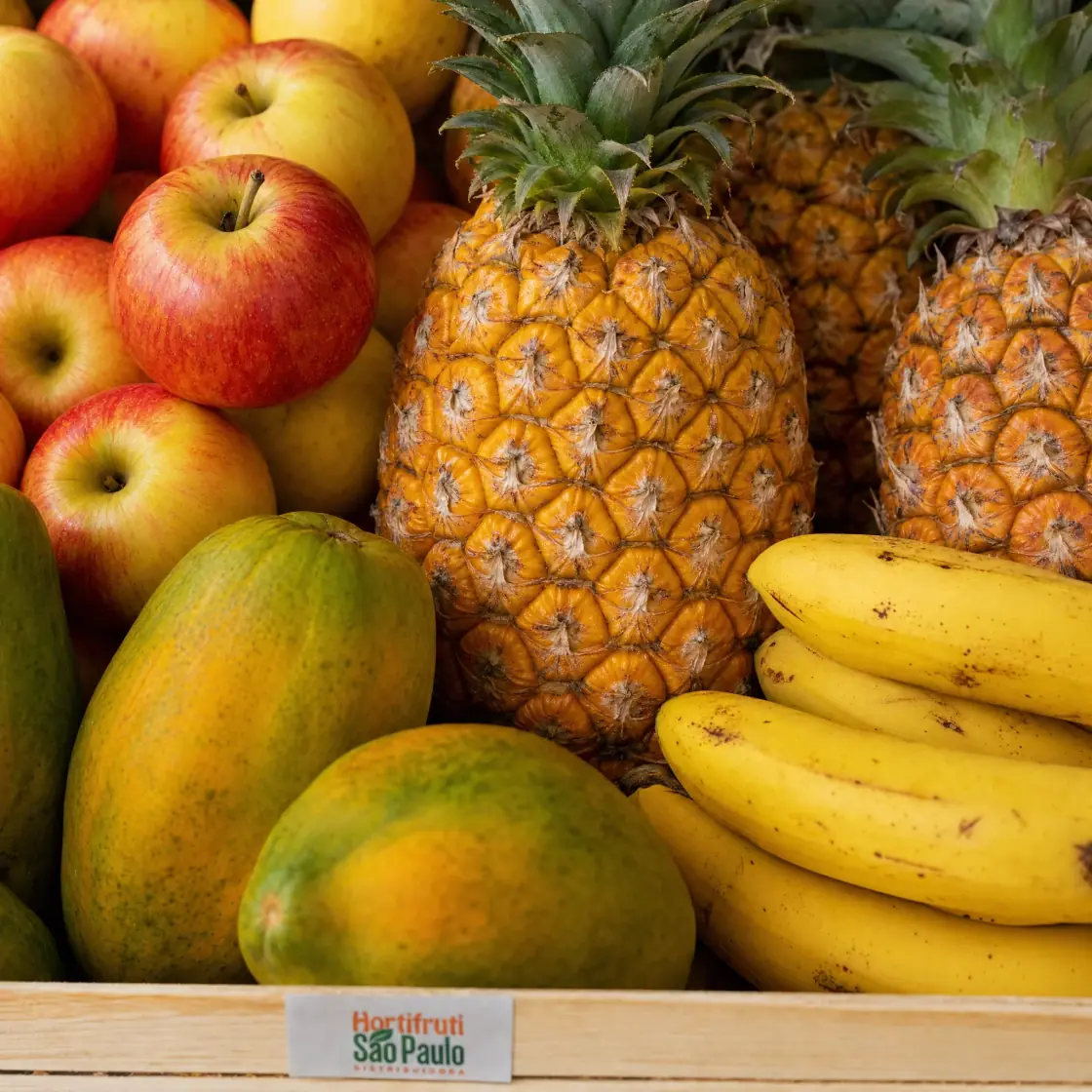 Close de maçã, abacaxi, mamão e banana com etiqueta Hortifruti São Paulo